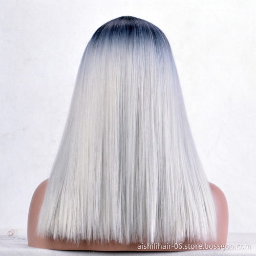 Aishili Long Silk Straight Synthetic Hair Wigs With Ombre Nature Black To Silver Gray Hair Wig For Women